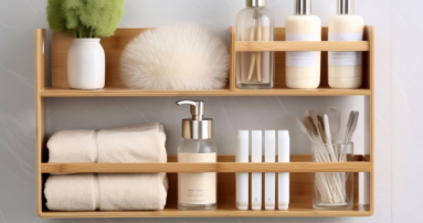 タオルやシャンプーボトルなどが並んだ棚